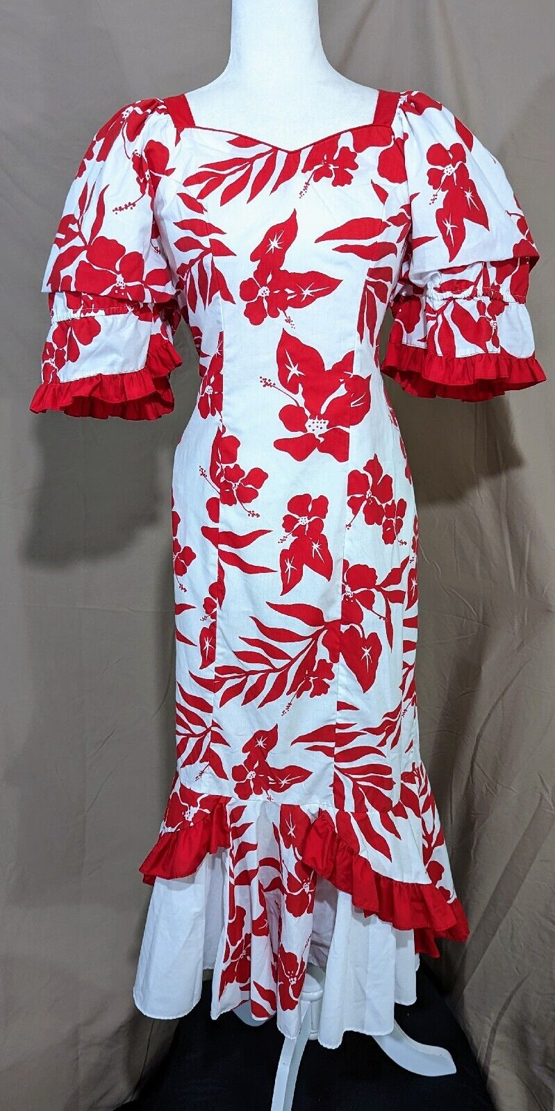 Vintage Hawaiian Dress Red LG Floral Fitted Puff Sleeve Ruffle Luau Tiki LNC AMB
