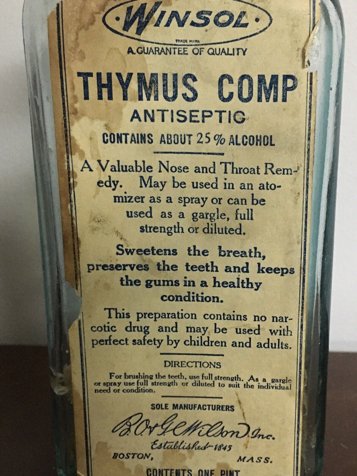 Vintage Winsol Thymus Compound Antiseptic Bottle