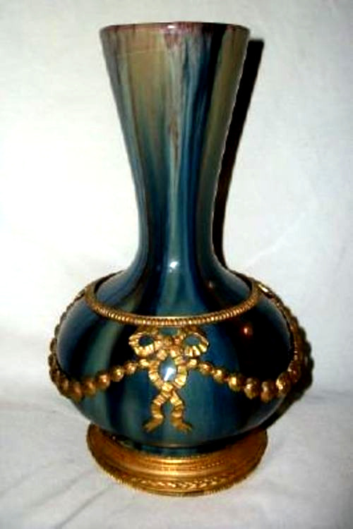 FRENCH SEVRES POTTERY VASE BRONZE MOUNTS ORMOLU BOWS SWAGS DRIP FLAMBE ANTIQUE