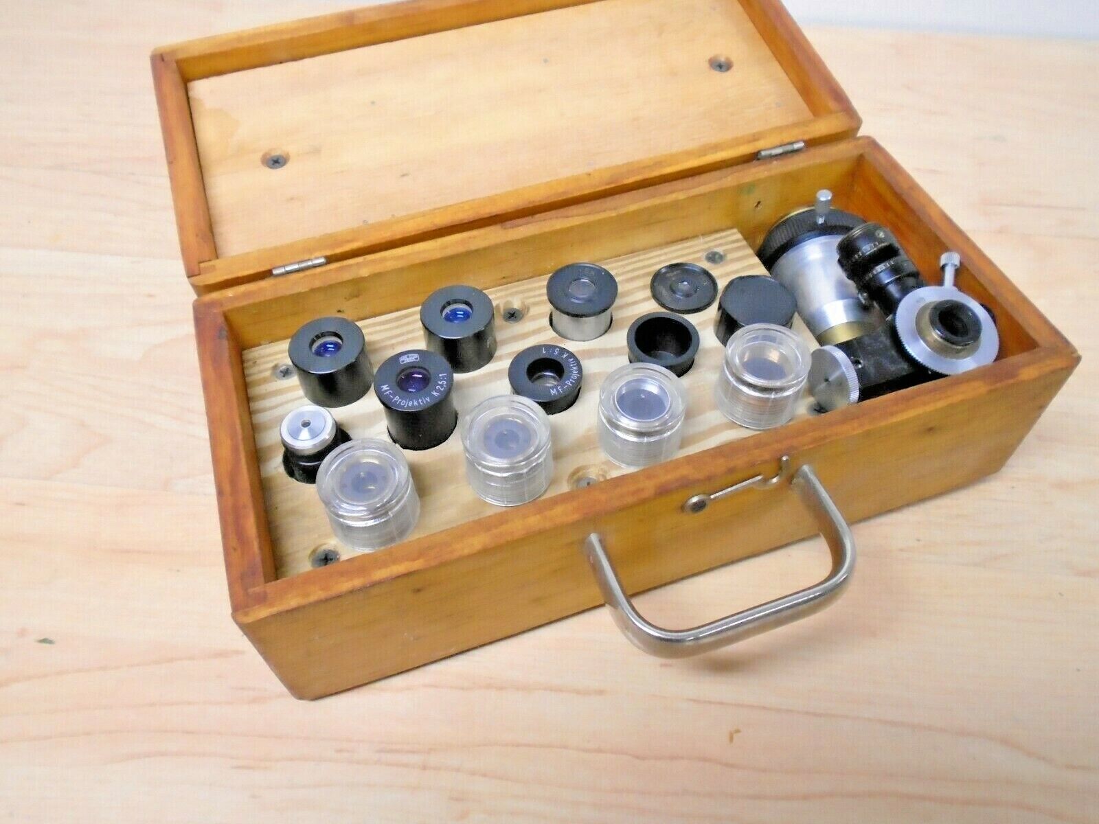 13+Microscope Lenses+Wood Case Bausch+Carl Zeiss+Others+Wood Case VG+Deal