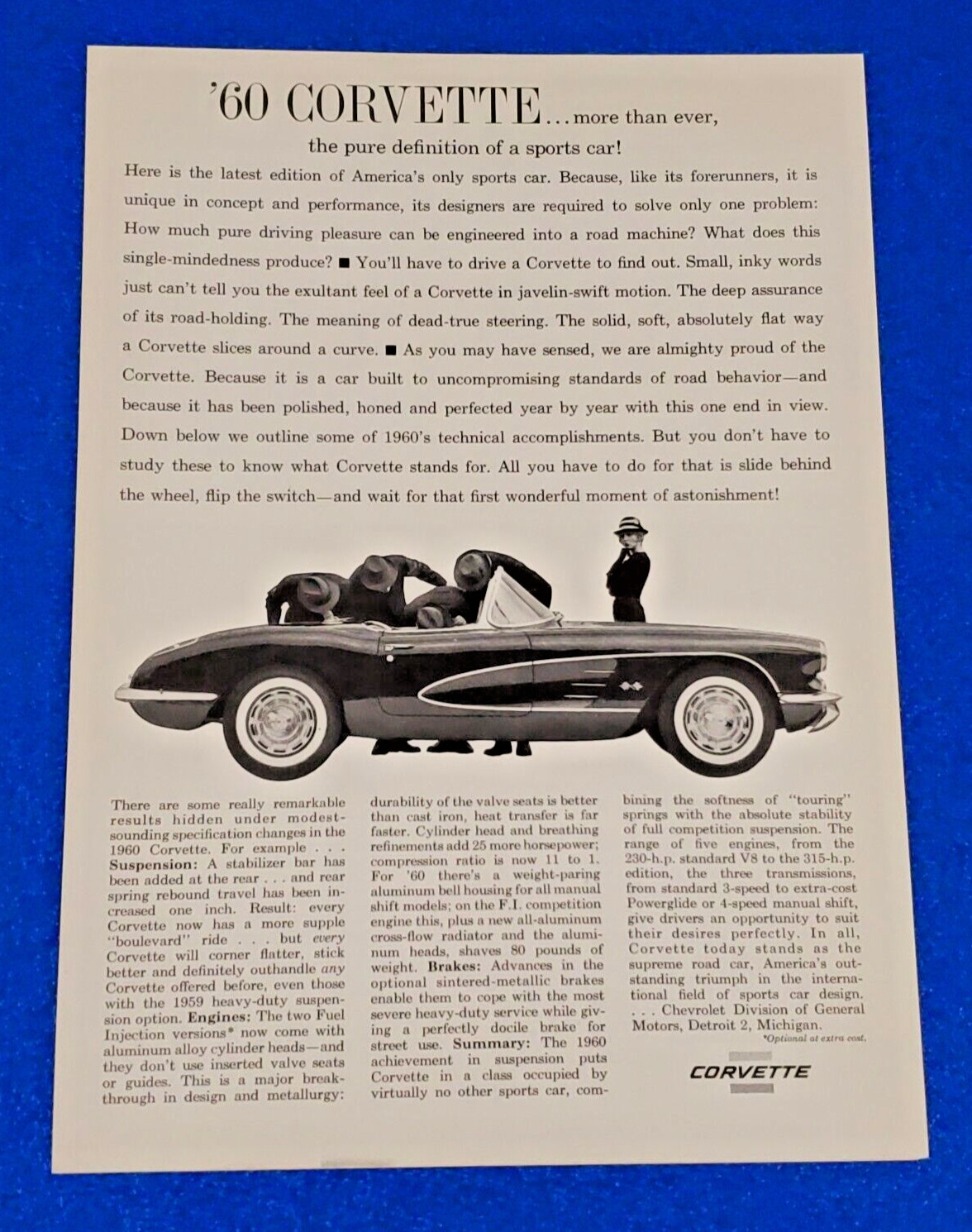 1960 CHEVROLET CORVETTE CONVERTIBLE FUEL INJECTED ORIGINAL CHEVY GM PRINT AD S24