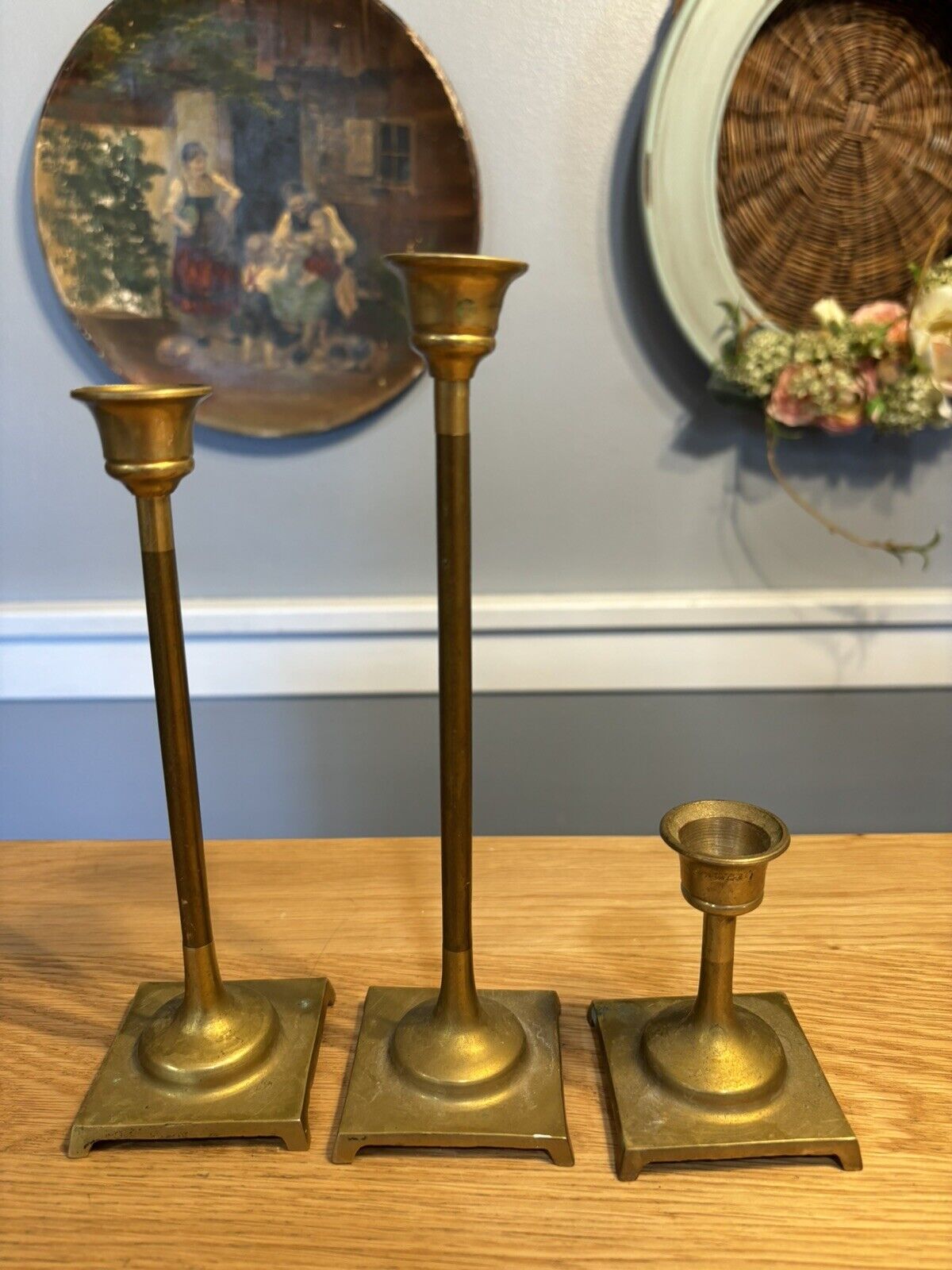 VTG Brass MCM 1950s 1960s Set of 3 Graduated Candle Holders Square Base India