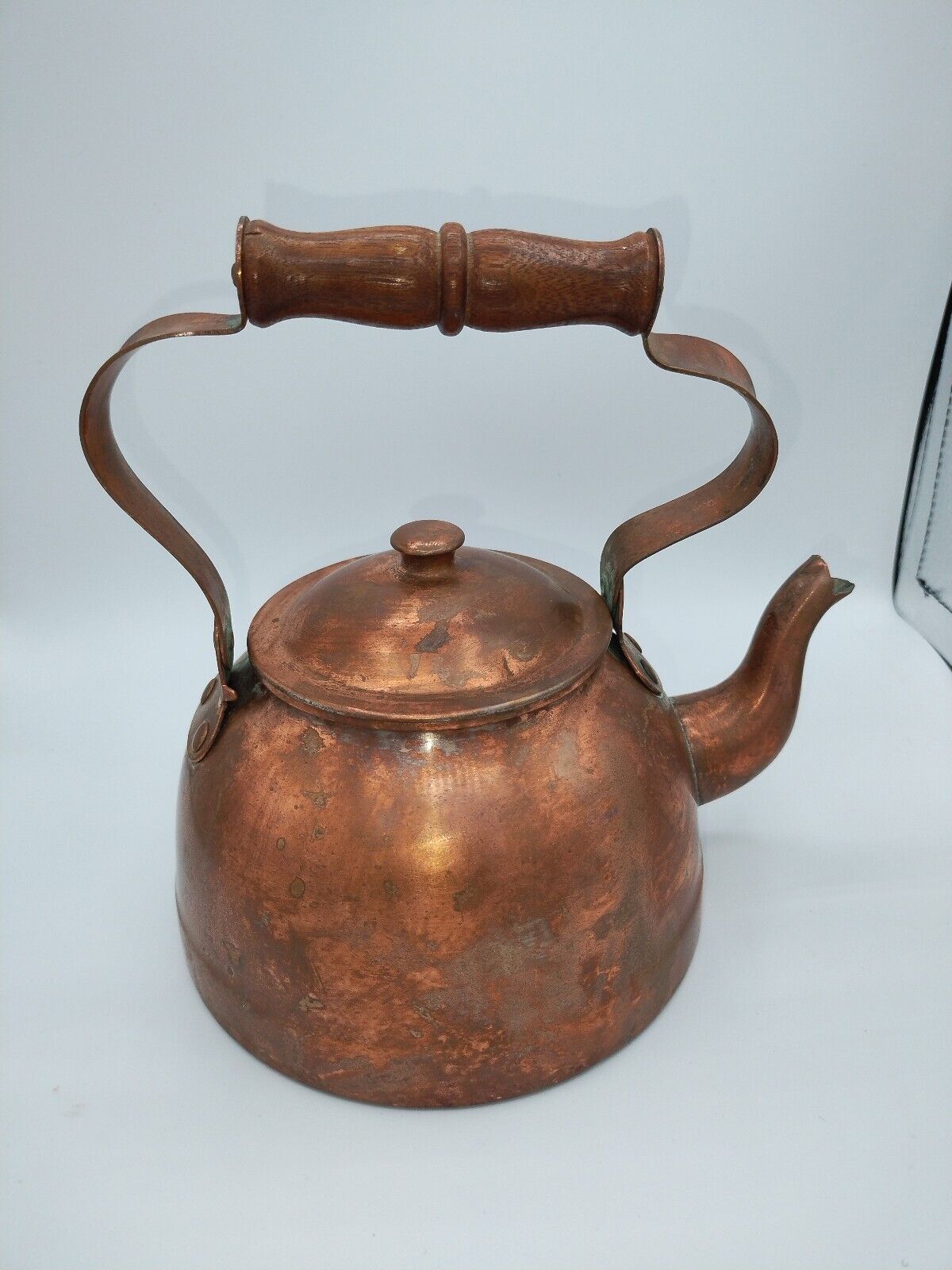Vintage copper small tea kettle Wooden Handle Can\'t Read The Maker