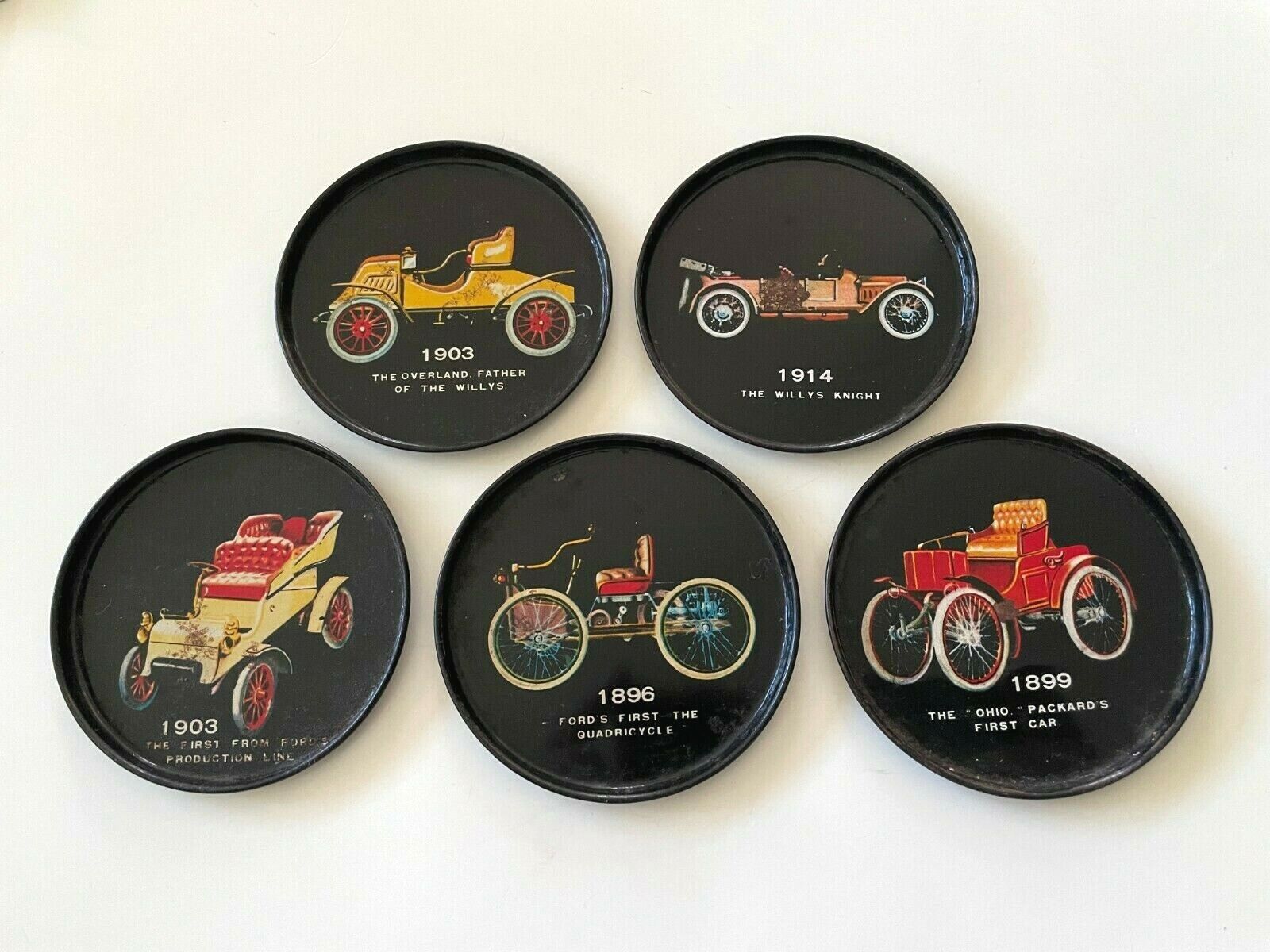 5 Vintage MID CENTURY Tin Car Coasters 1896 FORD, PACKARD, OVERLAND WILLYS Japan
