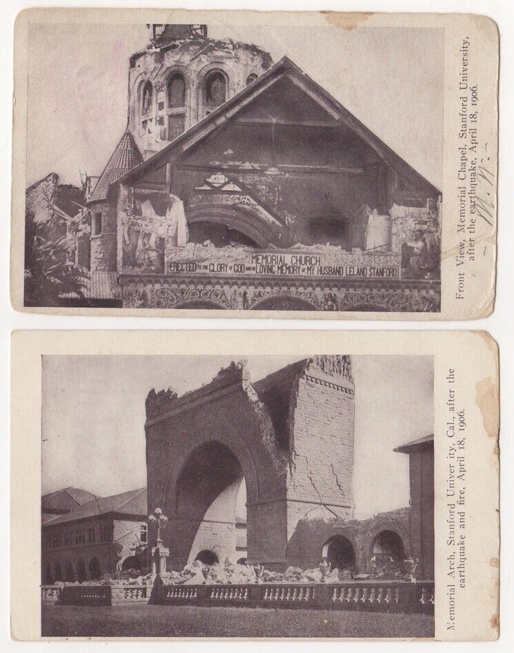 Stanford University lot of 2 c1906 Earthquake ruins Memorial Arch and Chapel