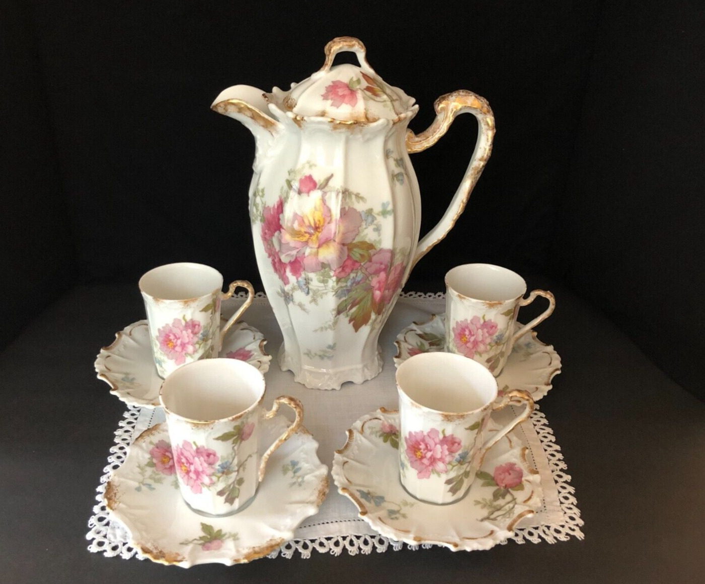 Antique A&D/GD&C Limoges chocolate/tea/coffee set; pink peony floral; 1883-1894