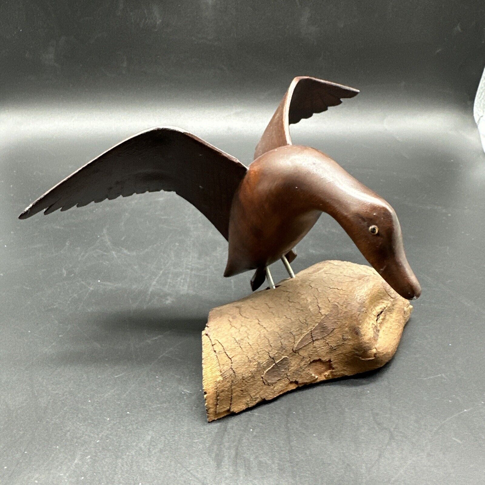 Vintage Hand-Carved Solid Wood Water Bird Carving Figurine Metal Legs Embedded