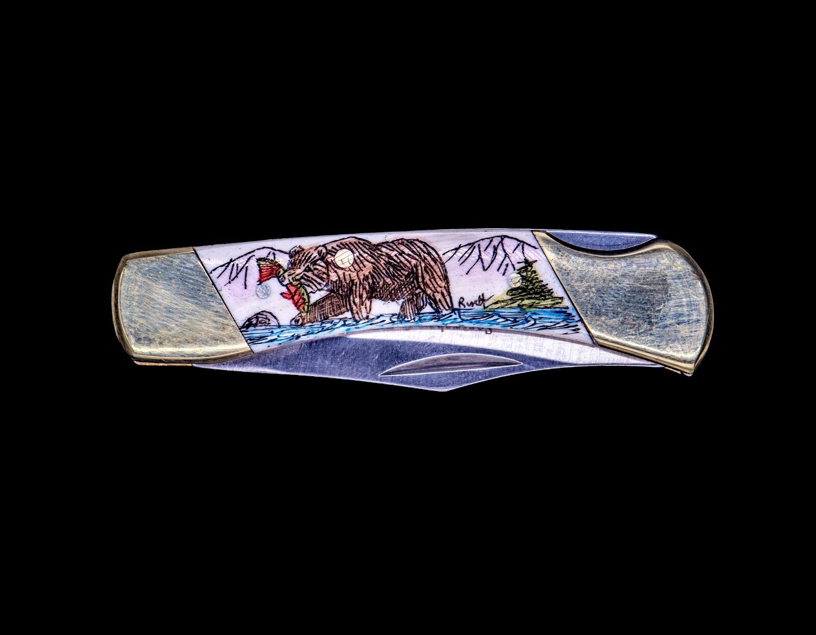 Etched Colored Bear Design Scrimshaw Collection Medium Pocket Knife