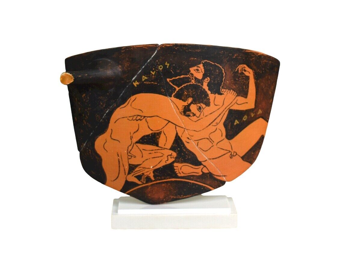 Nude Male Athletes Wrestlers Ceramic Terracotta Fragment of Ancient Greek Vase
