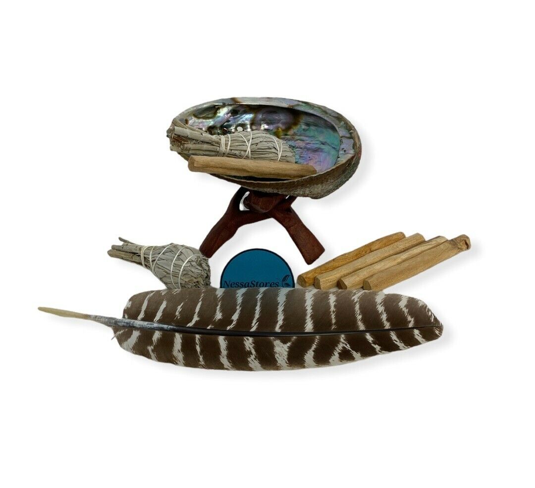 Feather Smudge Kit - Shell + Stand + Sage + Palo + Feather (8 Kits) #JC-228