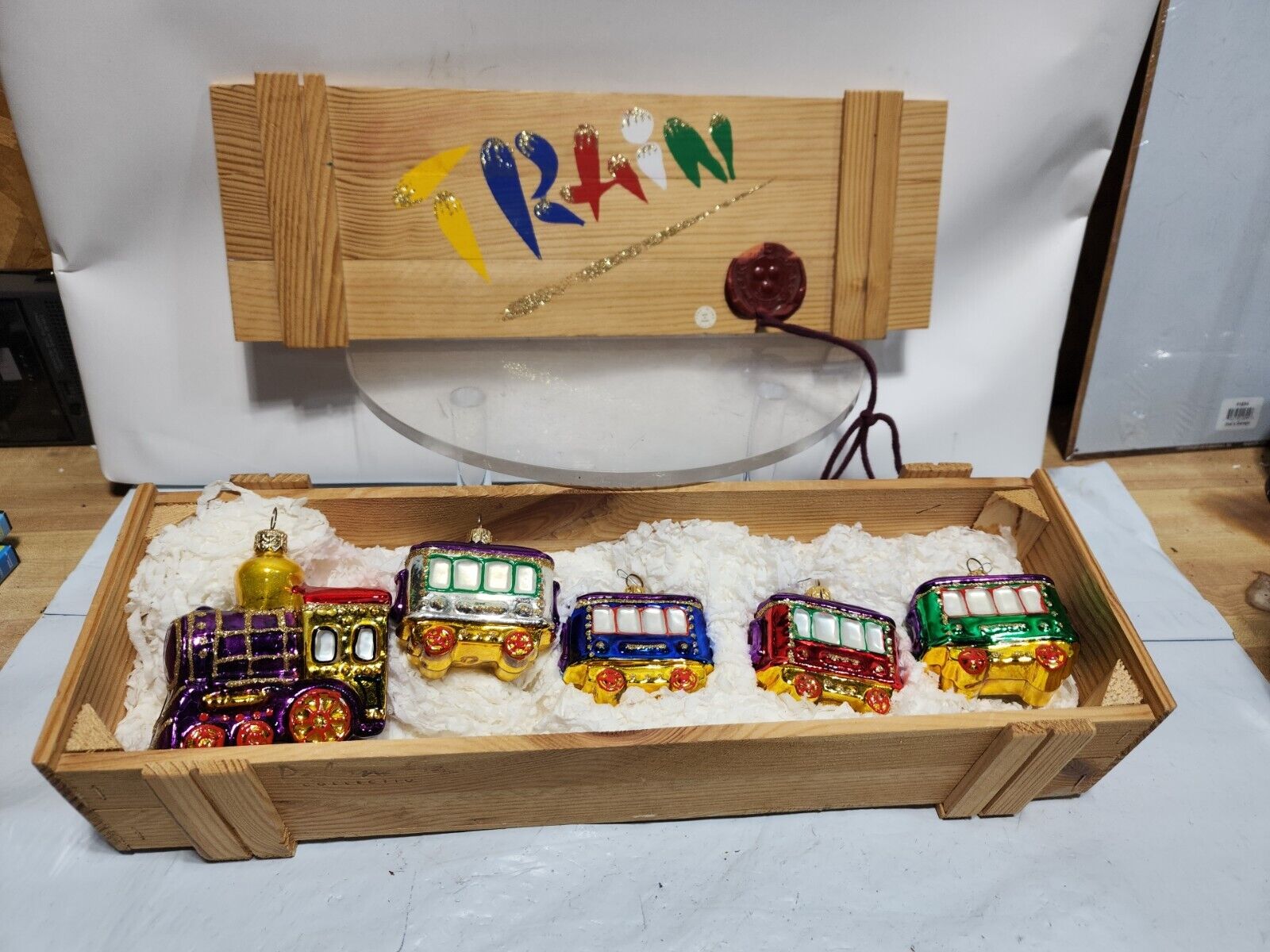 Kurt Adler Polonaise Collection 5 pc Glass Train Ornament Set Wooden Crate Box