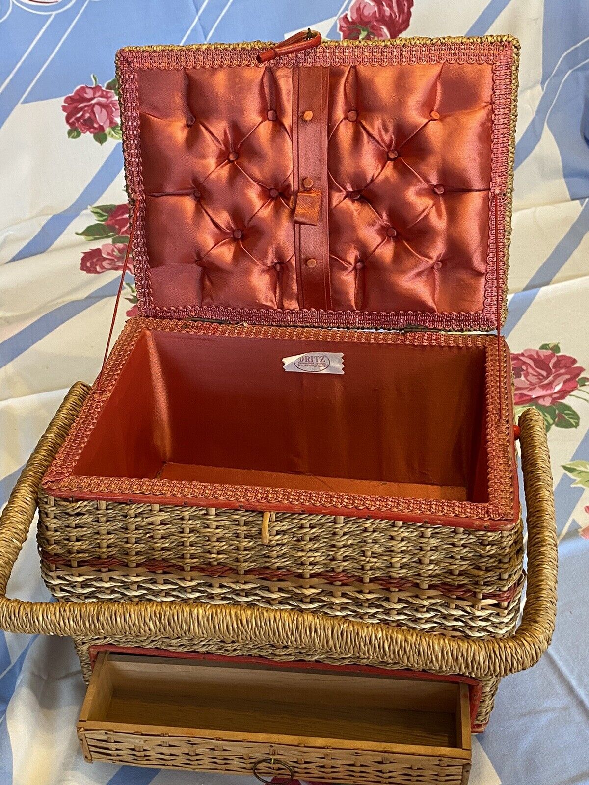 ANTIQUE WICKER SEWING BASKET WITH RED SILK LINING