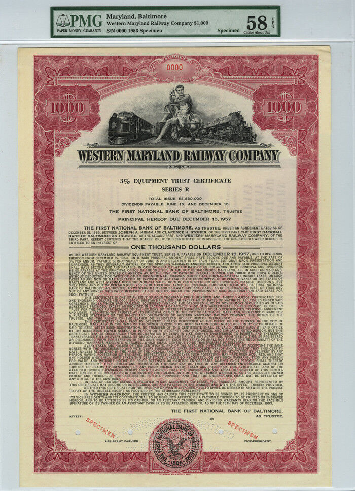 Western Maryland Railway Co. $1000 Specimen Bond - Railroad Bonds