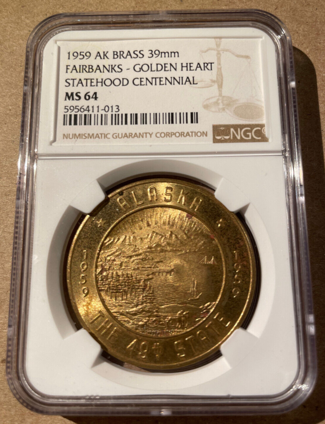 1959 AK Brass 39mm Fairbanks Golden Heart Statehood Centennial MS 64 - Alaska