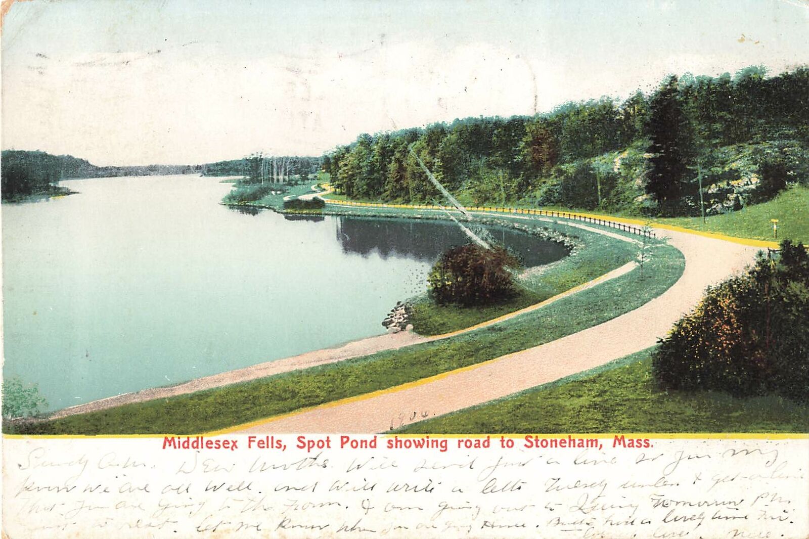 Vintage 1906 Postcard Middlesex Fells Spot Pond Stoneham road color photo nature