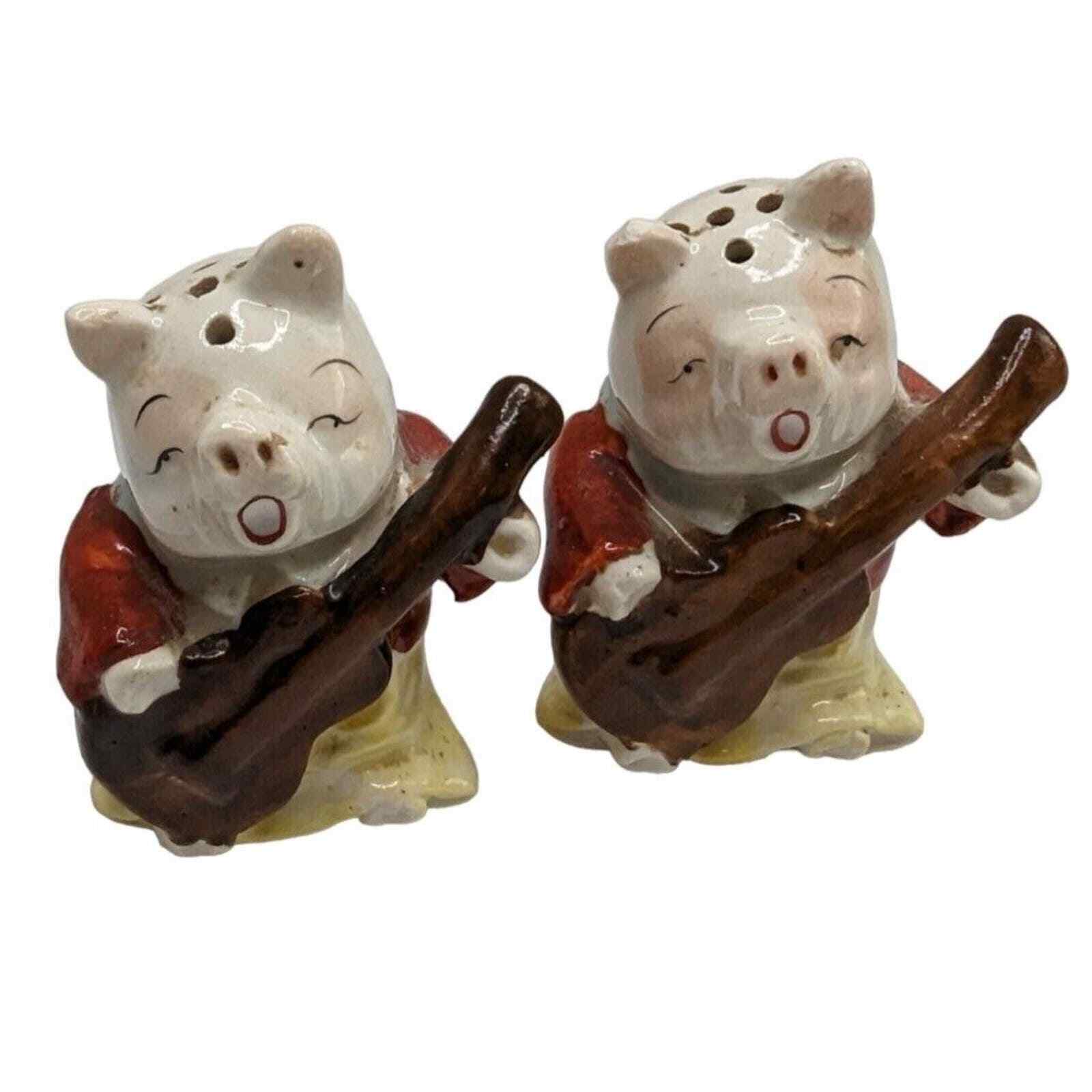 Vintage Salt and Pepper Shaker Set 1950s Pigs Playing Guitar Hand Painted