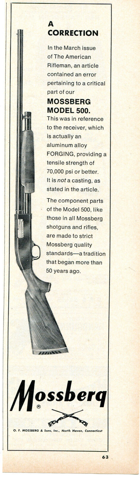 1971 Print Ad of Mossberg Model 500 Shotgun magazine error correction