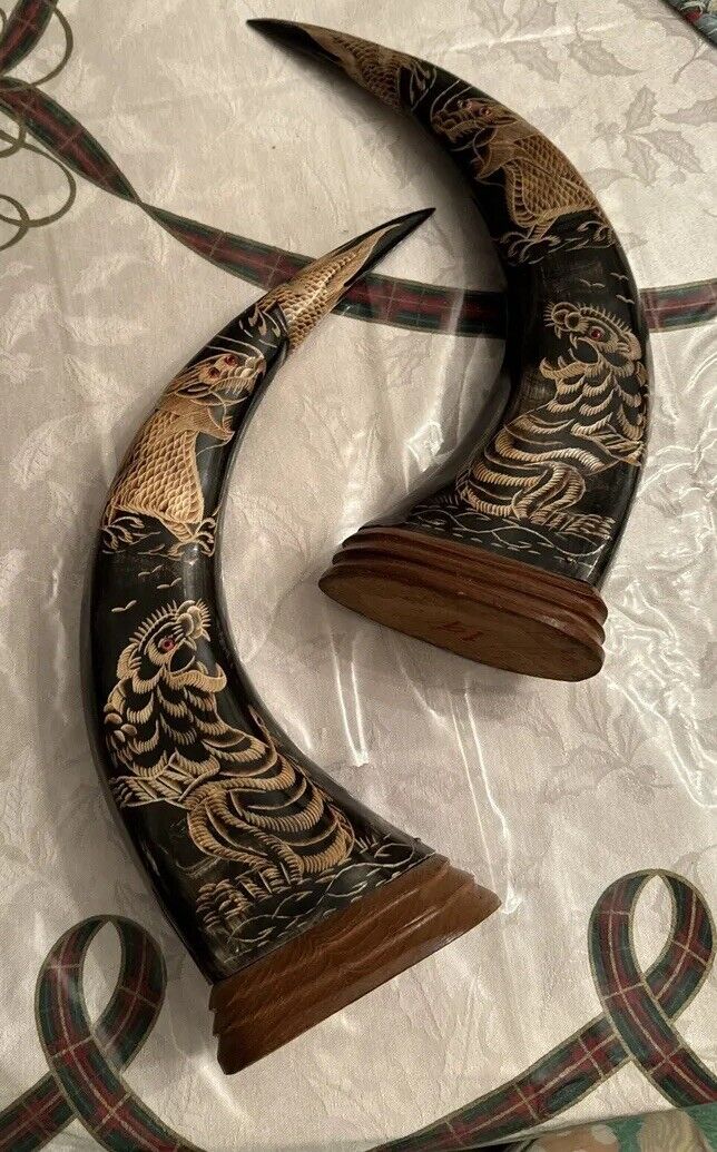 Pair Scrimshaw Decorative “Horns” On Wood Base. Black & Gold -Tiger/Dragon-VTG