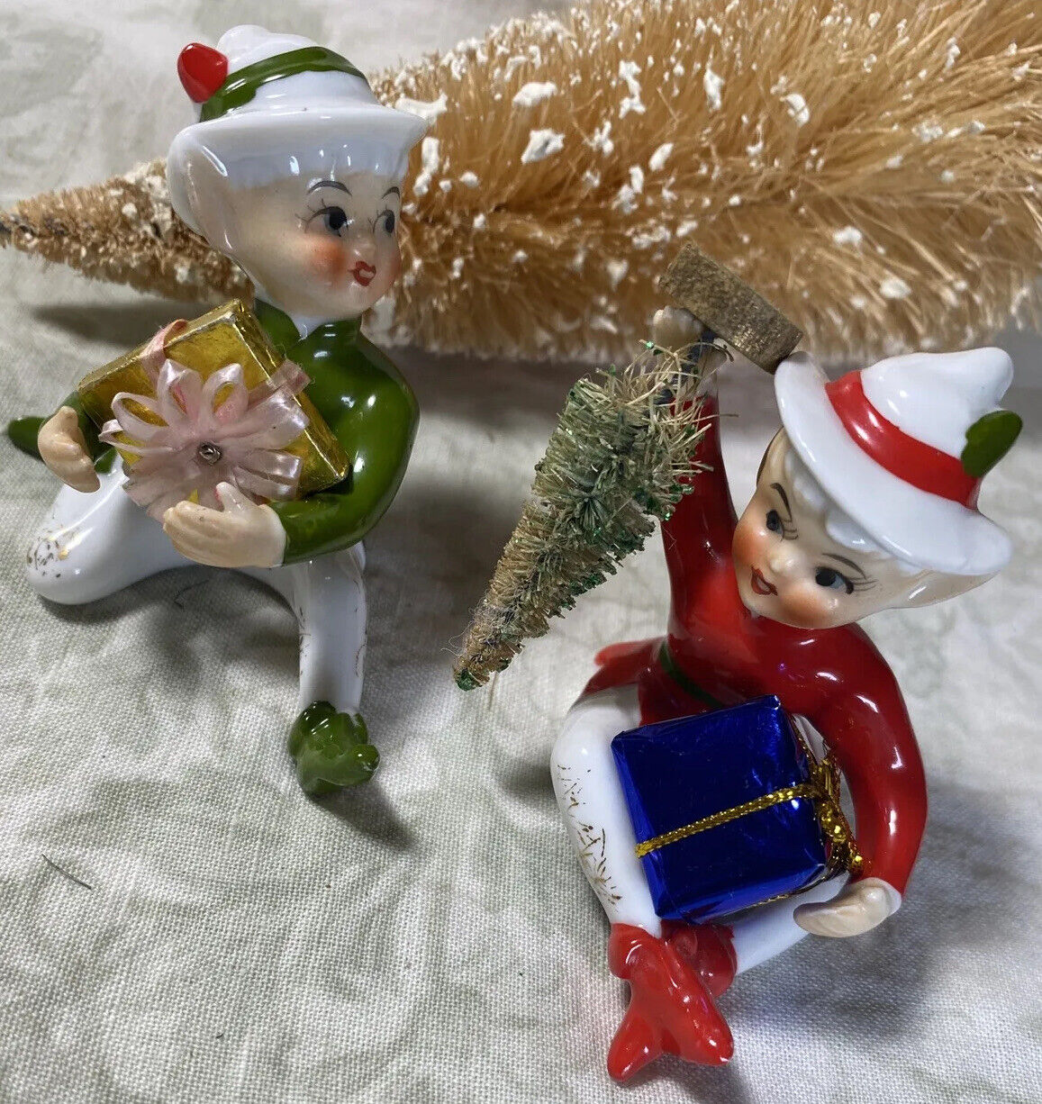 2~Vintage Pixie Elf Candle Hugger Holders Red Green Figurines Japan Christmas