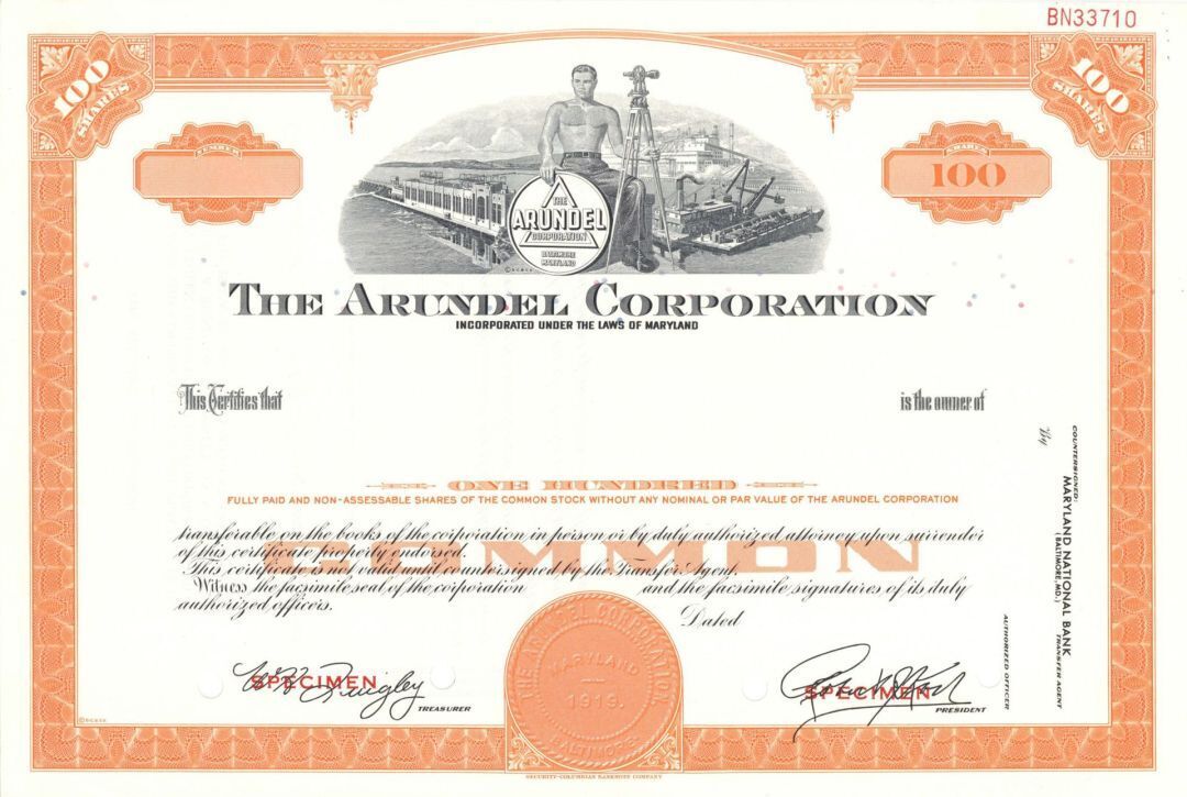 Arundel Corp. - 1919 Specimen Stock Certificate - Specimen Stocks & Bonds