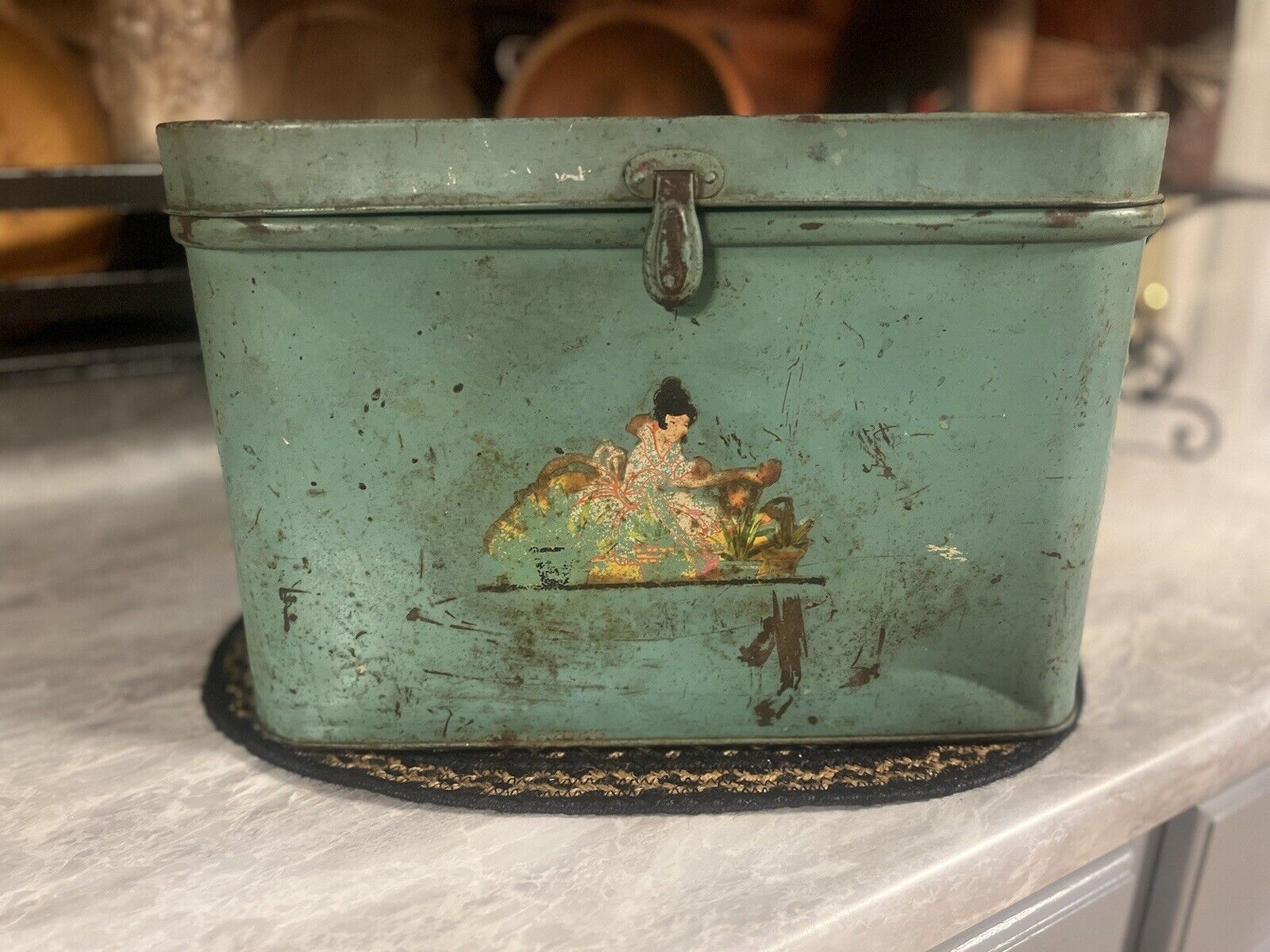 vintage green metal bread box