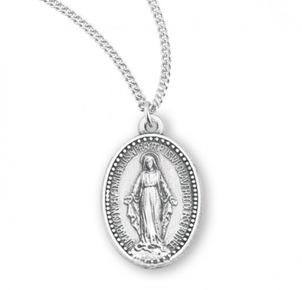 Sterling Silver Oval Miraculous Medal with Chain, 0.9 Inch N.G.