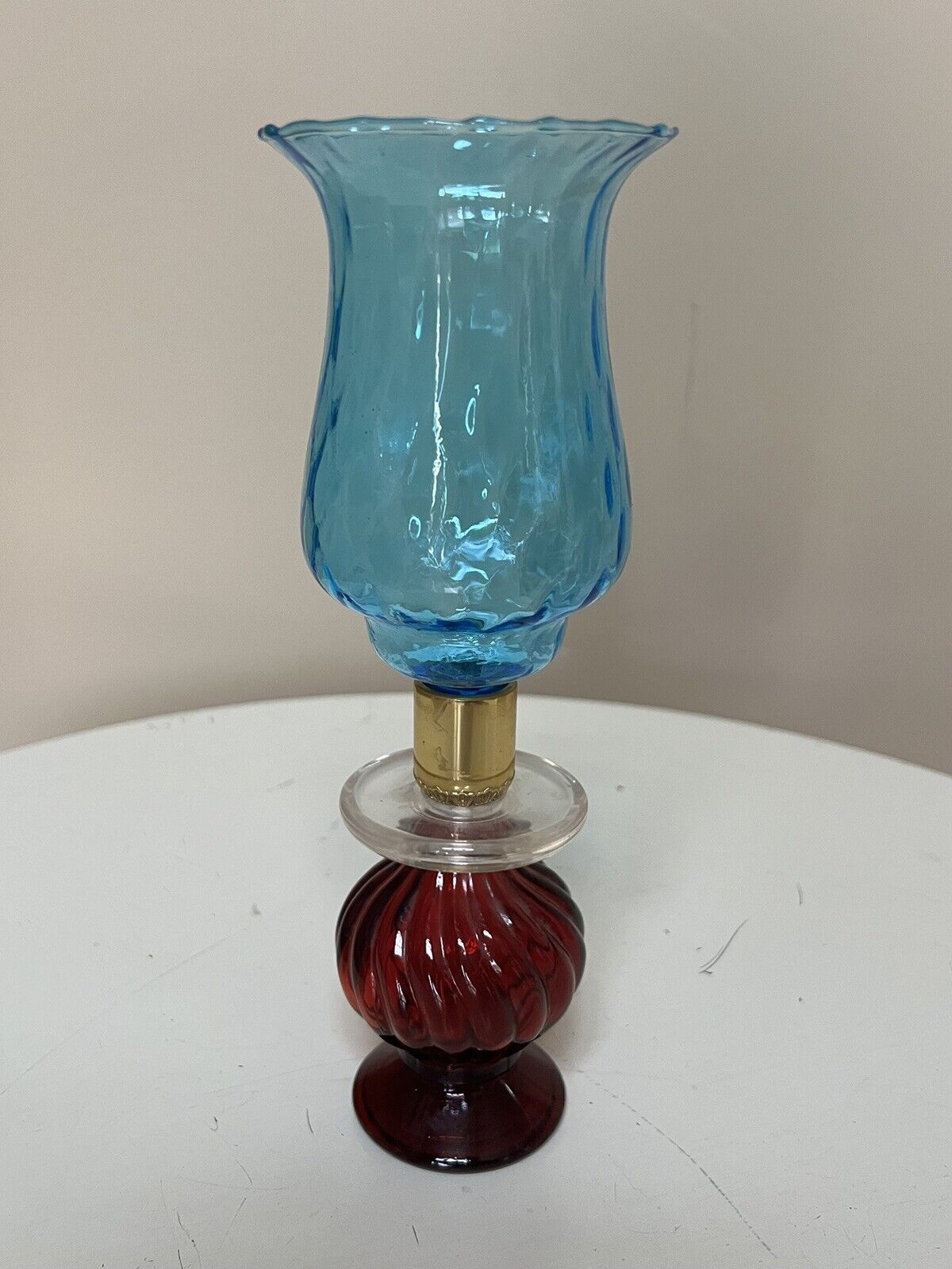 AVON Red Glass Candlestick Holder (Bird of Paradise) W/Aqua Blue Glass Votive
