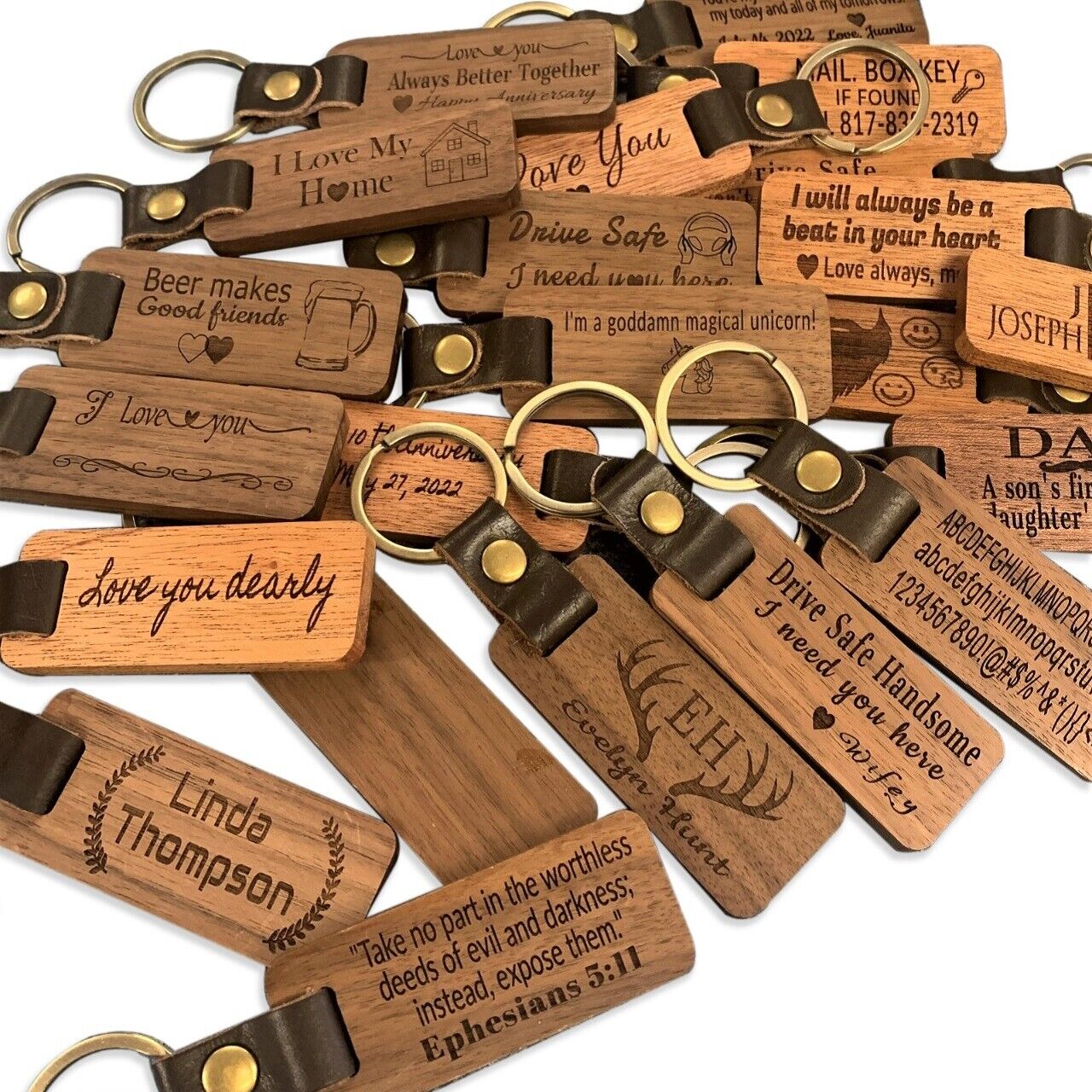 Custom Message Wood Keychain Personalized Wooden Leather Keyring Laser Engraved