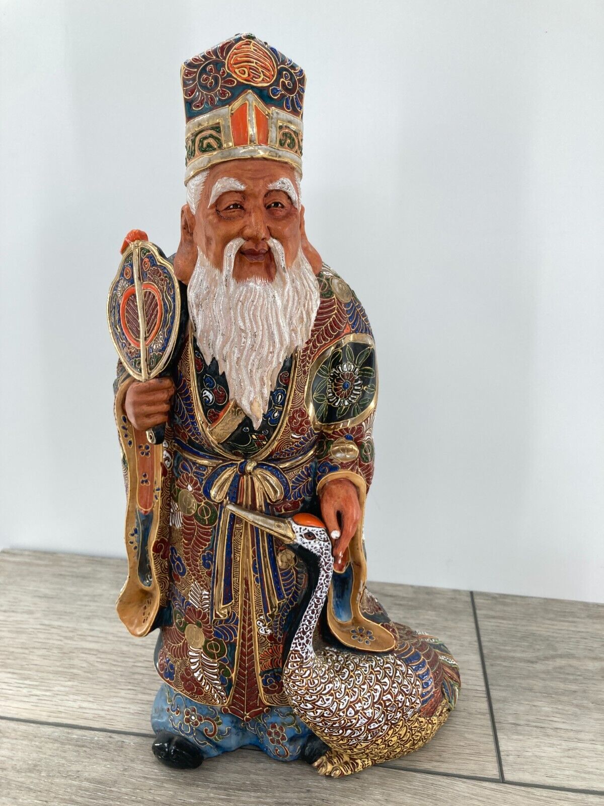 Kutani Ornate Enameled Filigree Porcelain Spiritual Holy Old Scholar Figure Man