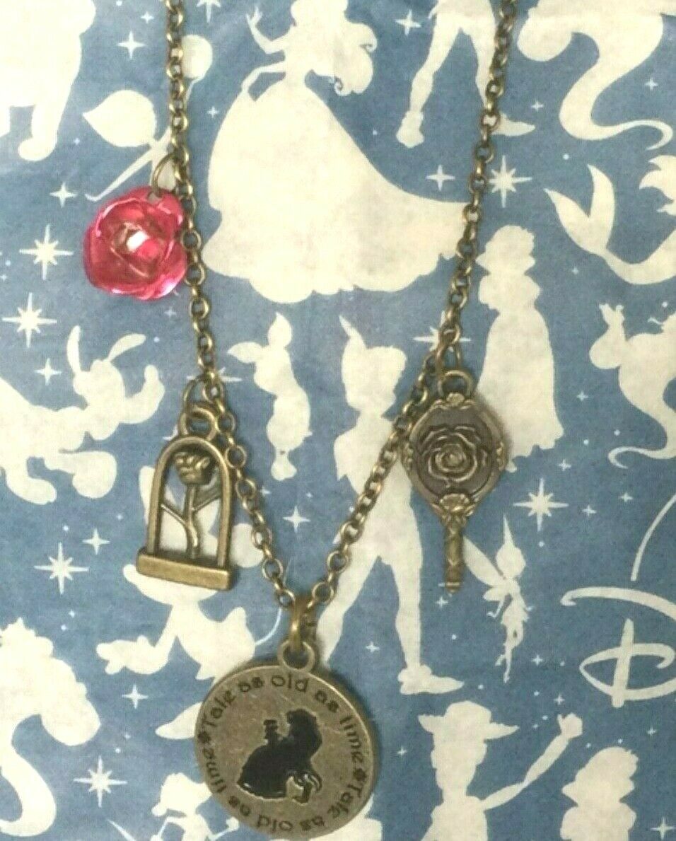 Disney Beauty The Beast Charm Necklace Tale Old Time Mirror Enchanted Rose 18\