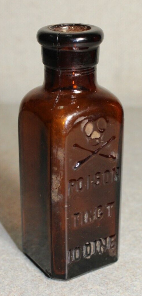Antique Poison Bottle Skull Cross Bones Tinct Liquid Iodine Amber Apothecary 711