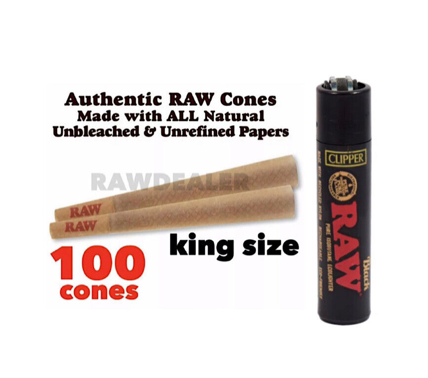 RAW cone Classic king size Cones(100 pk)+raw large refillable clipper lighter