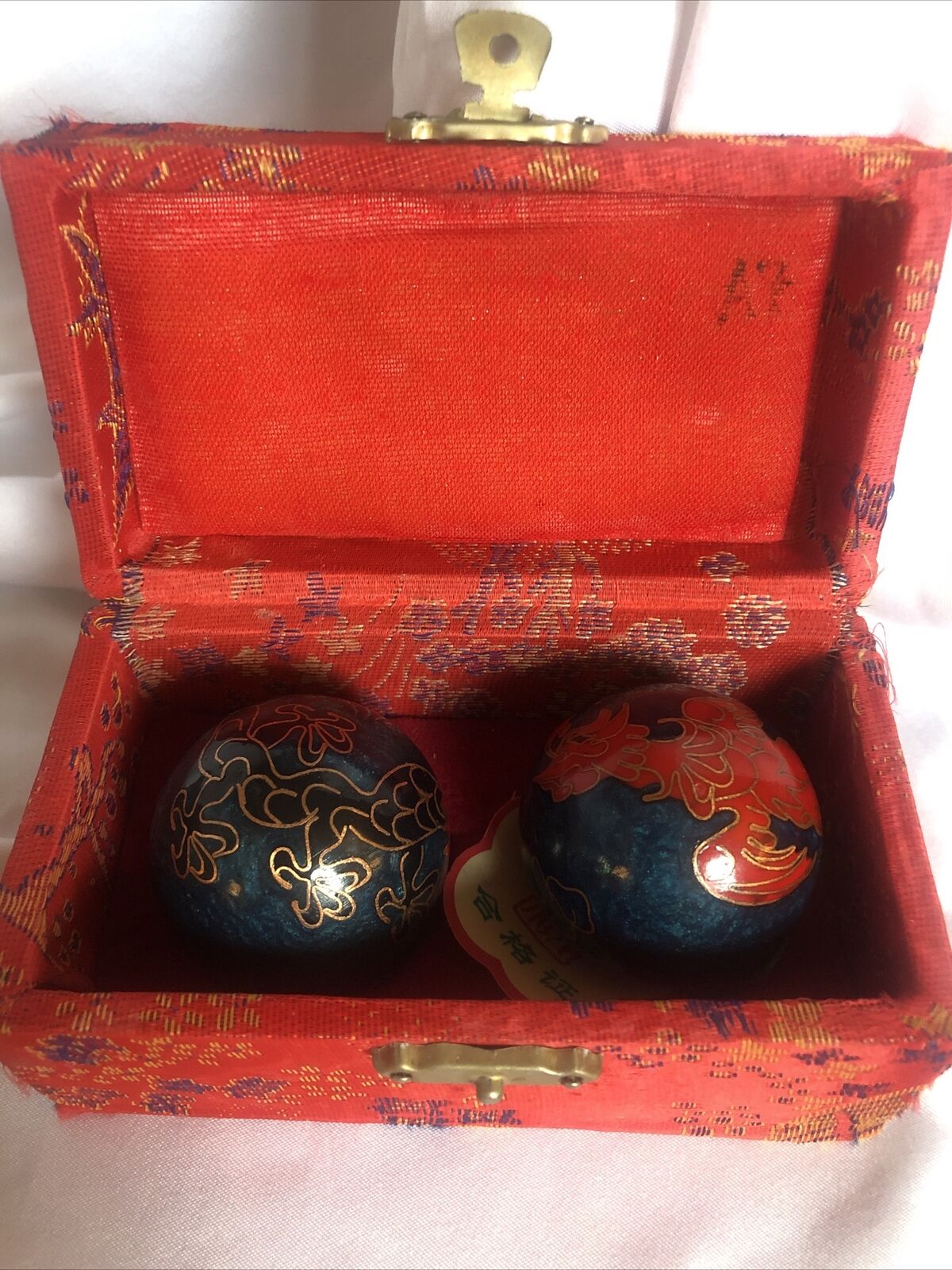 Vintage Chinese Cloisonne Dragon Phoenix Meditation Chime Medicine Balls w/ Box 