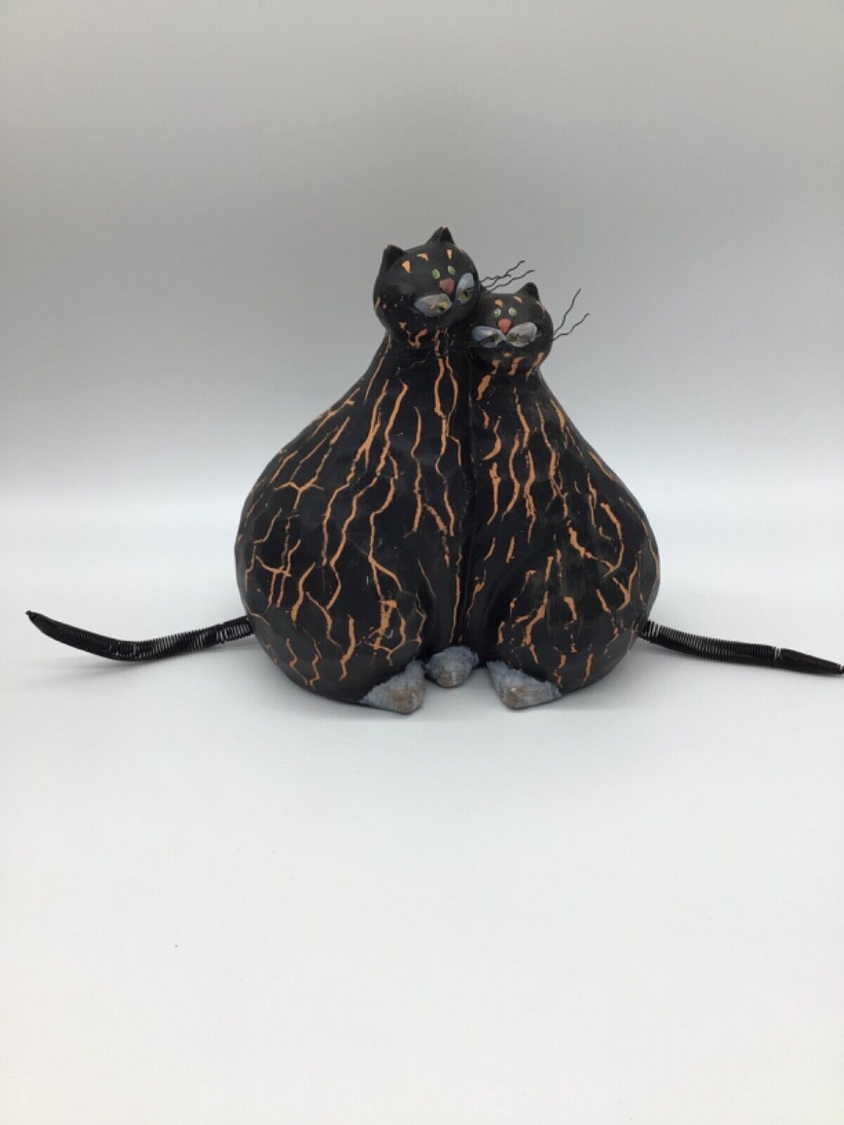 Vintage Handmade Primitive Black Cats Sculpture Wire Whiskers & Tail 9\