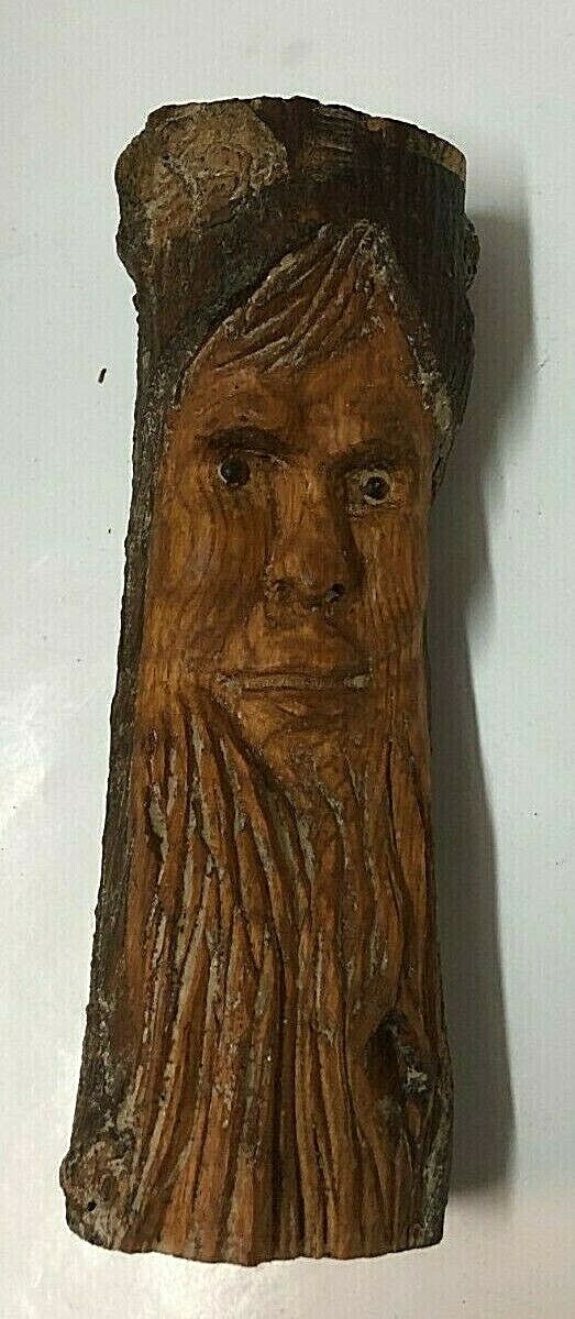 Wood Spirit Carved into Hard wood log free standing 7 3/4\