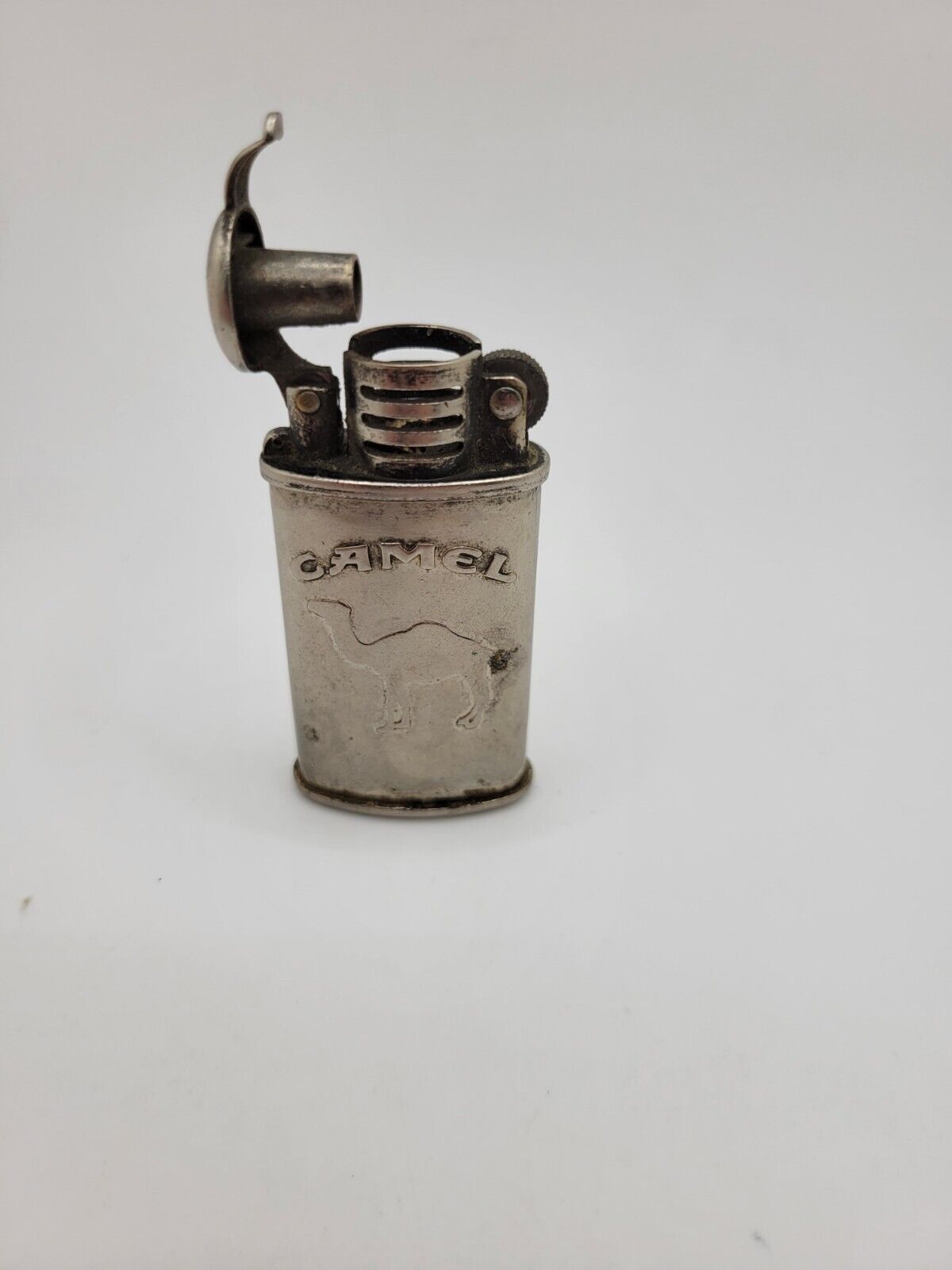 Vintage CAMEL Cigarettes Brushed Silver Finish Lift Arm Fluid Tank Lighter