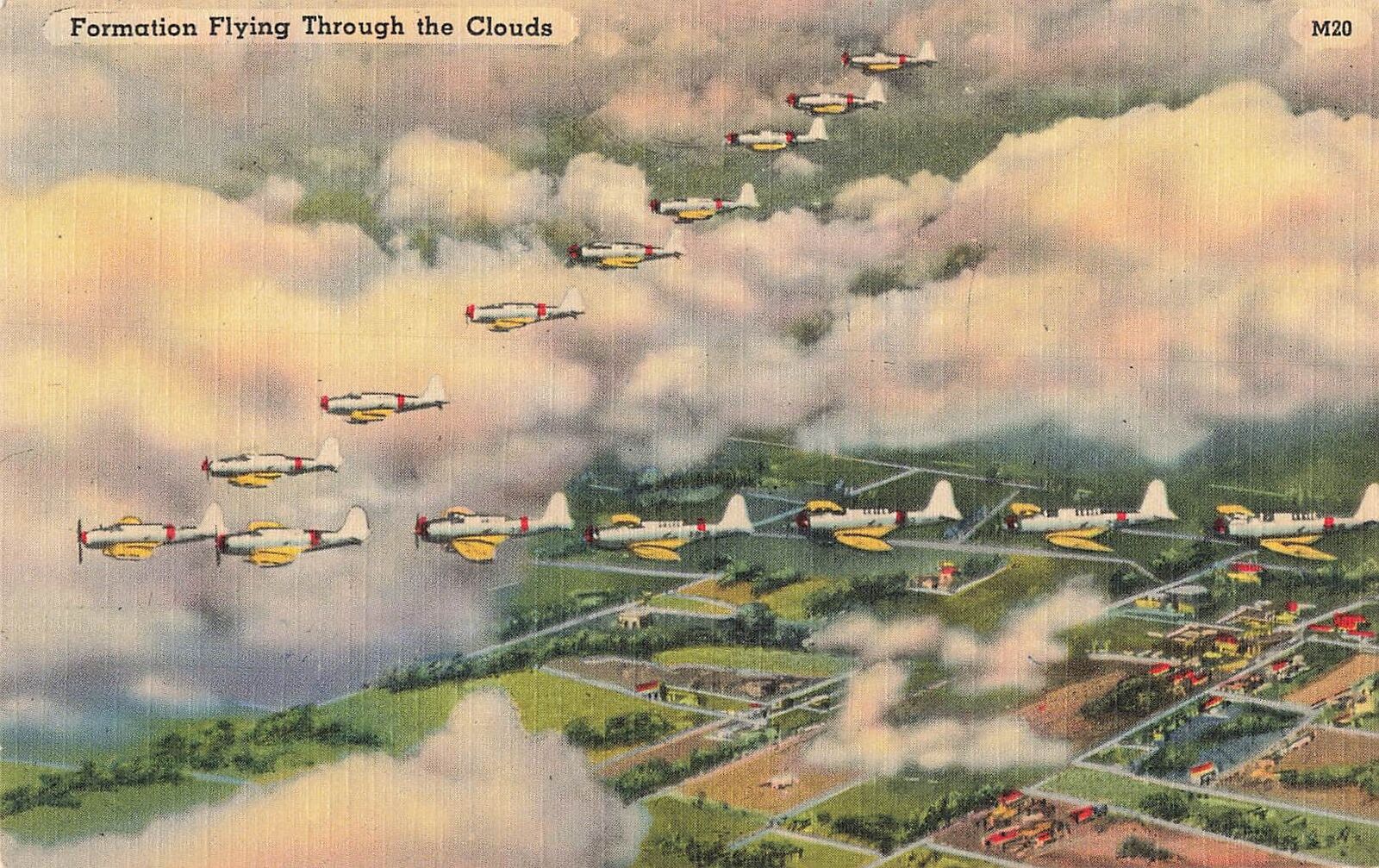 Vintage Postcard Formation Flying Through the Clouds, U.S. Navy, WW2
