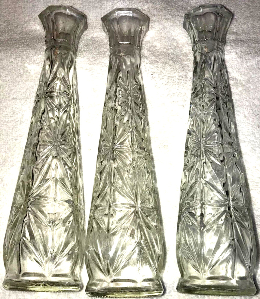 vintage clear depression pressed glass 9” x 2” flower vases (set of 3)