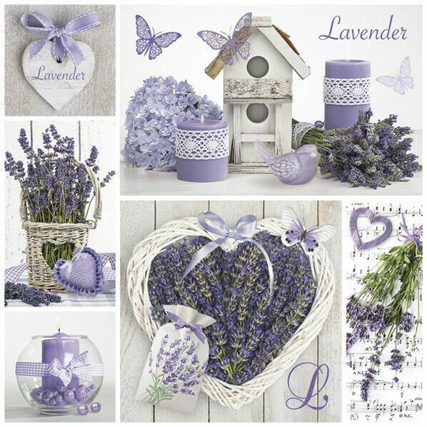 Two Individual Decoupage Paper Luncheon 3-Ply Napkins Lavender Bird House Heart