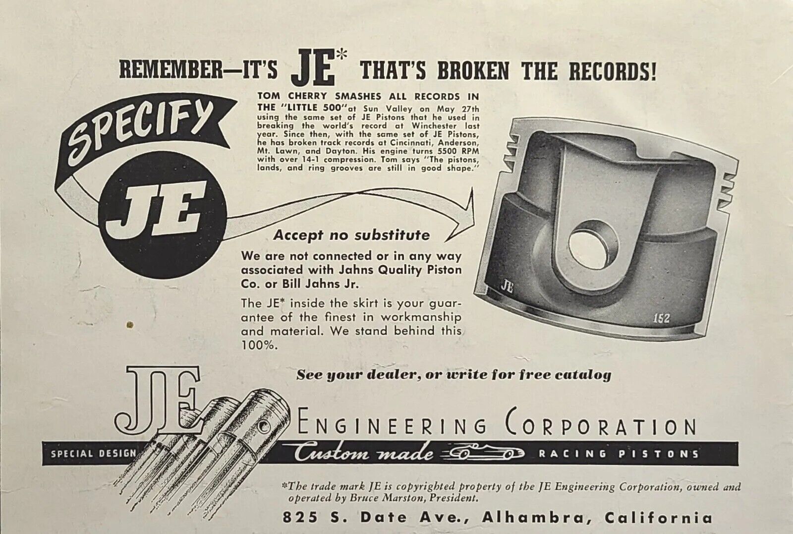 JE Engineering Corp Alhambra CA Custom Made Racing Pistons Vintage Print Ad 1950