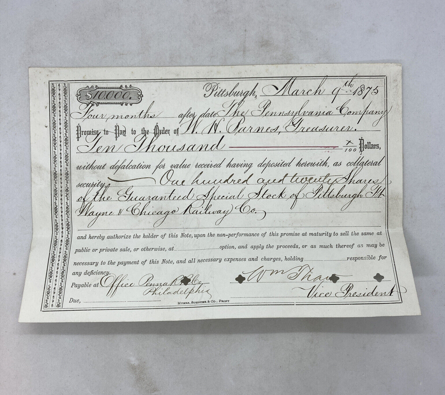 1875 The Pennsylvania Company Promissory Note Stock Guarantee  (railroad)