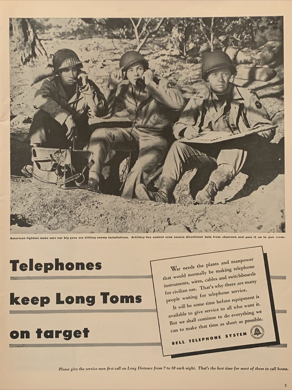 1944 vintage Bell telephone print ad. Telephones Keep Long Terms On Target