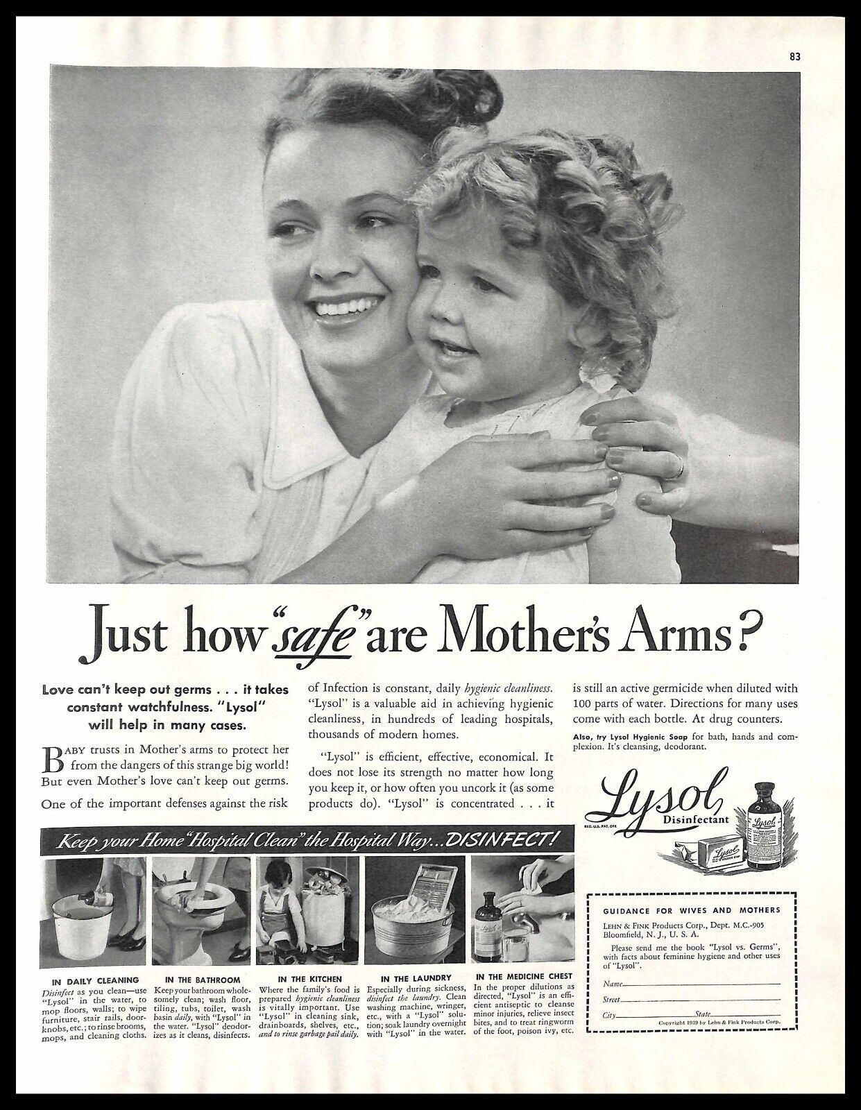 1939 Lysol Disinfectant Vintage PRINT AD Mother Child Hygiene Safety