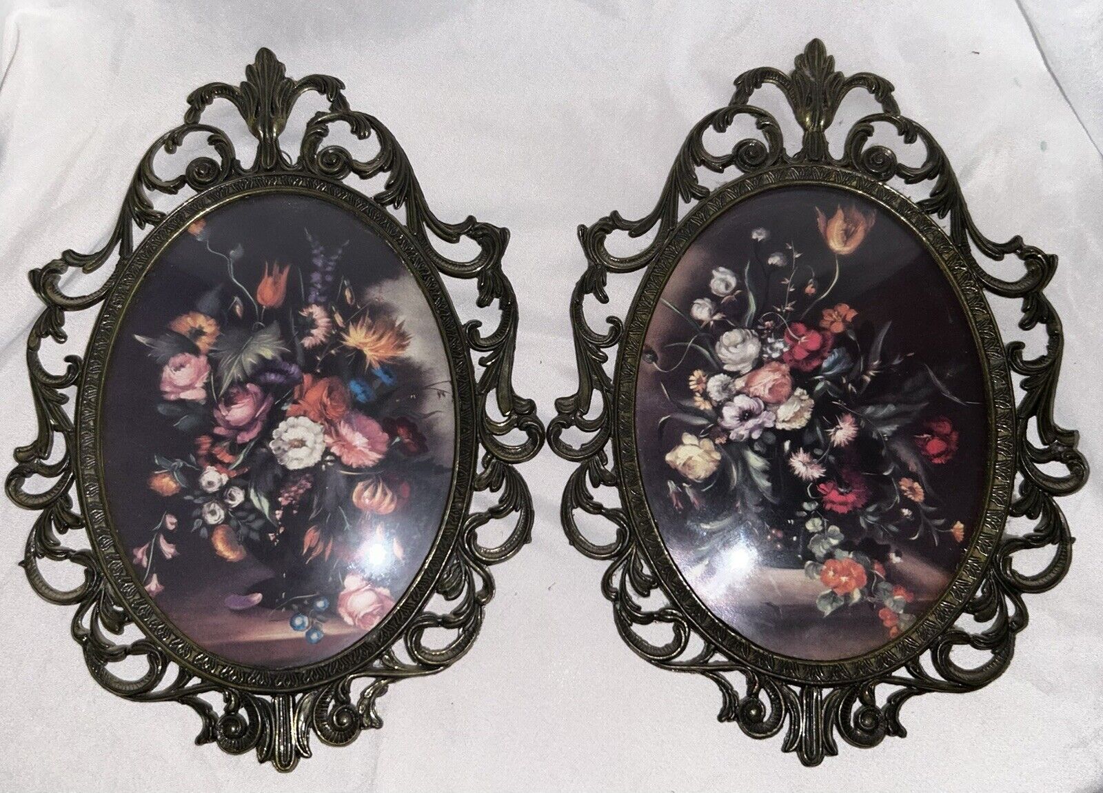Vintage Pair Italian Convex Bubble Glass Brass Framed Floral Print Victorian