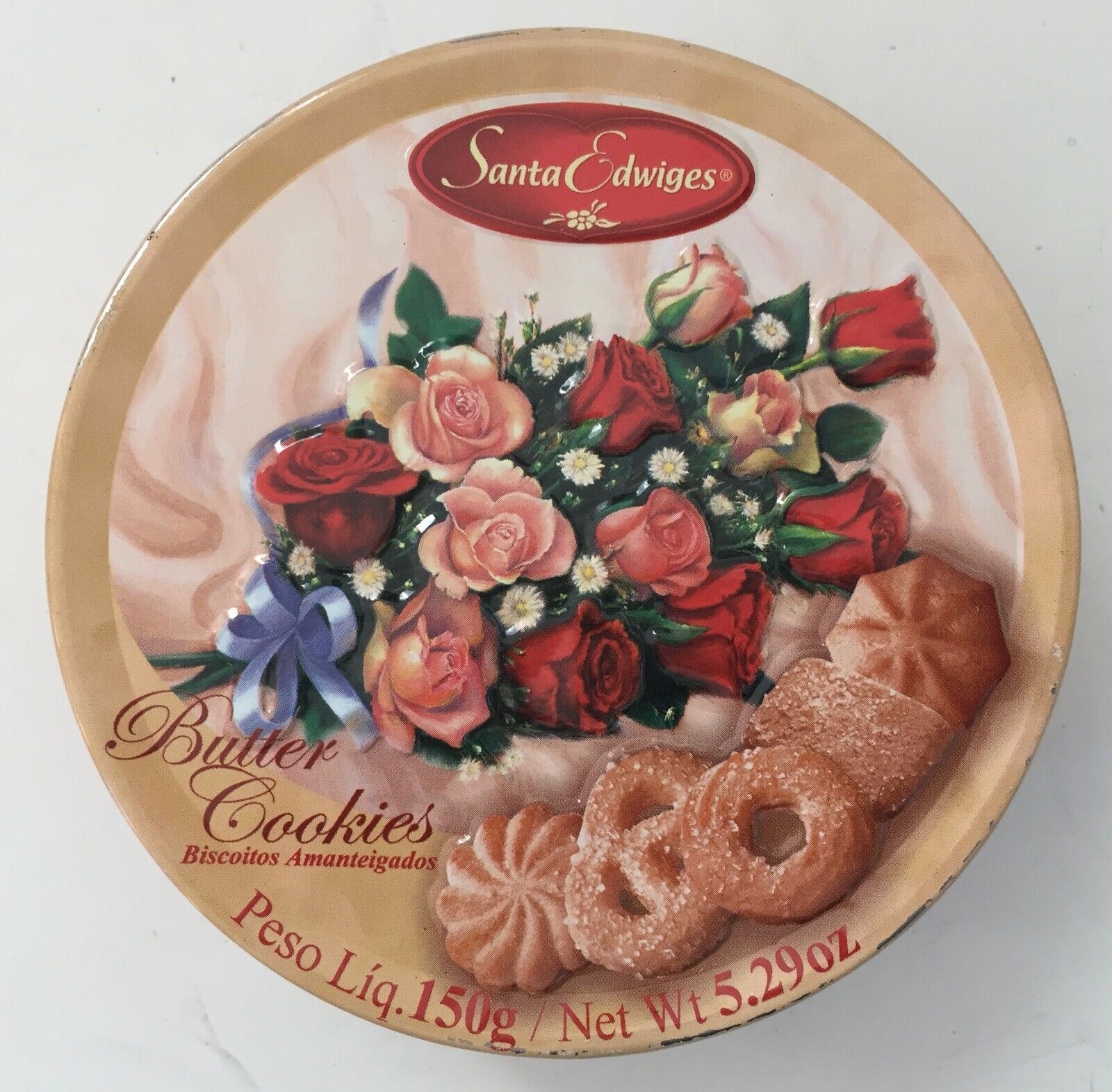 Santa Edwiges Collector Tin Butter Cookies Brazil Roses Bouquet Flowers Vintage