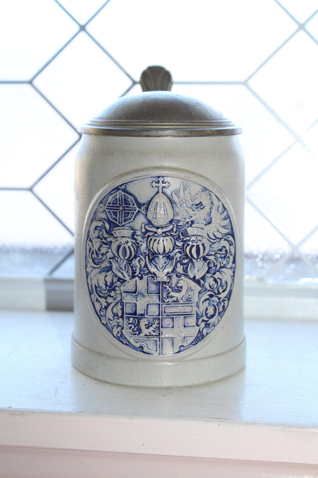 Vintage DBGM German Blue and Gray Stoneware Beer Stein Coat of Arms