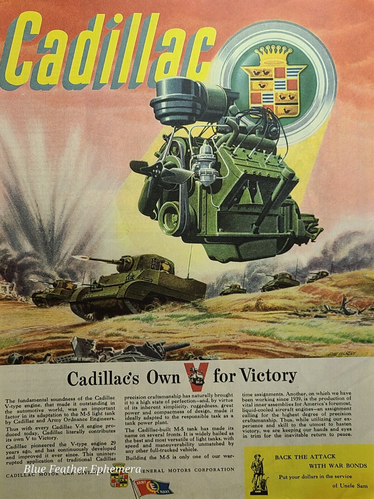 Vintage Print Ad 1943 Collier\'s Cadillac M5 Tank GM WWII Buy Bonds John Vickery