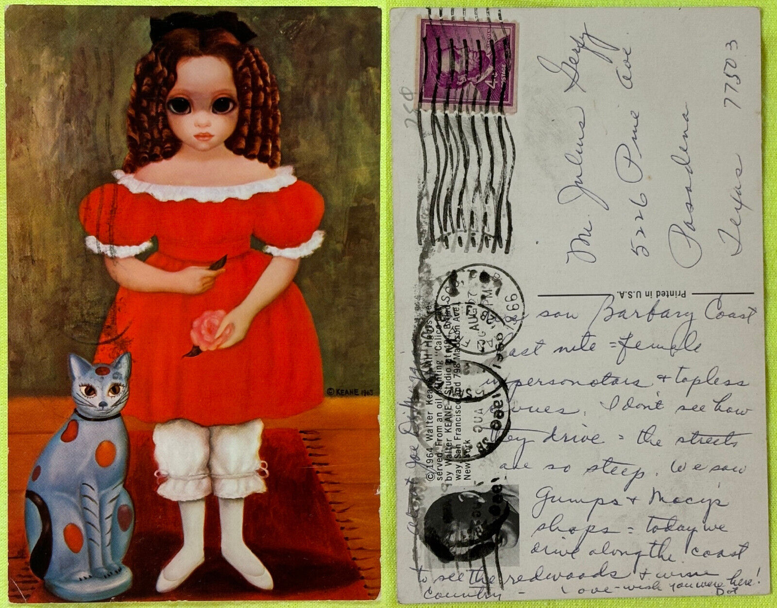 Margaret Keane “Calico Cat” 1966 Postmark Big Eyes Art Postcard PM Stamp Cancel