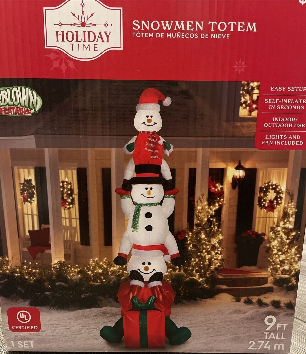 Holiday Time GEMMY Inflatable CHRISTMAS Snowmen SNACK TOTEM W/ GIFT 9' NEW RARE
