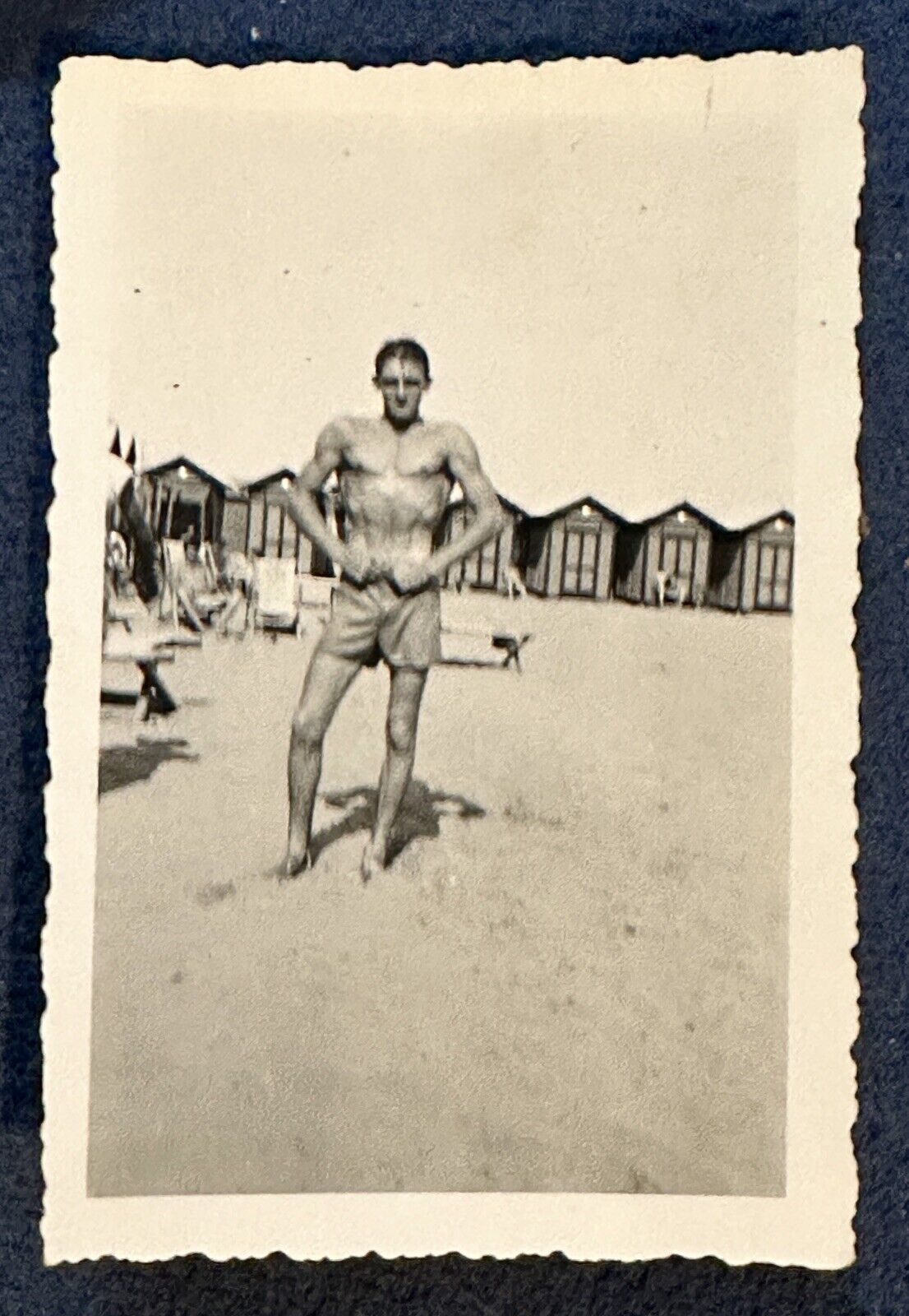 Vintage Photo Gay Interest Sexy Handsome Young Smooth Muscle Man Flexing Beach